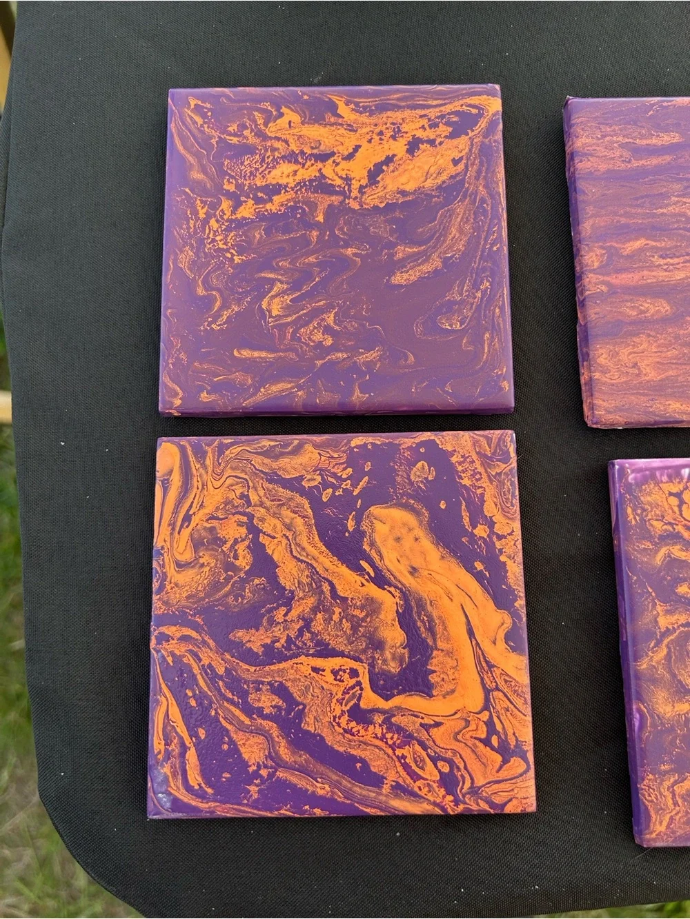 Hand Crafted Set of 4 Abstract Purple and Orange Marble Coasters